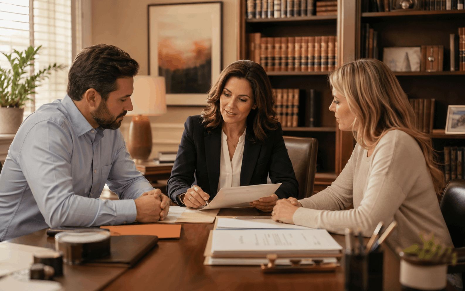 Warm legal consultation with documents and calm client support